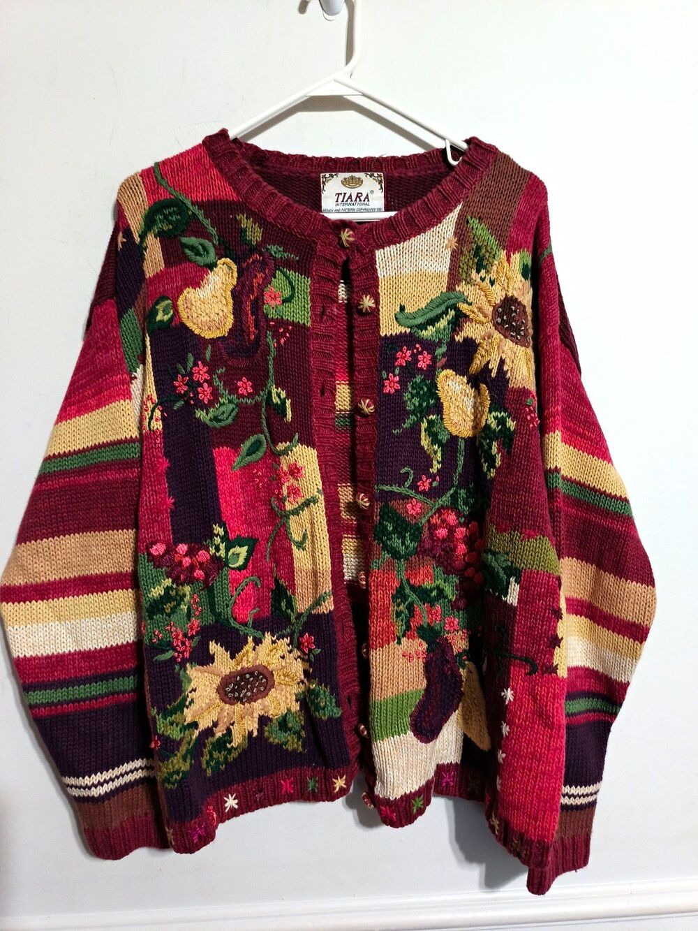 Tiara International Cotton Knit Embroidered Floral Button Cardigan Sweater L